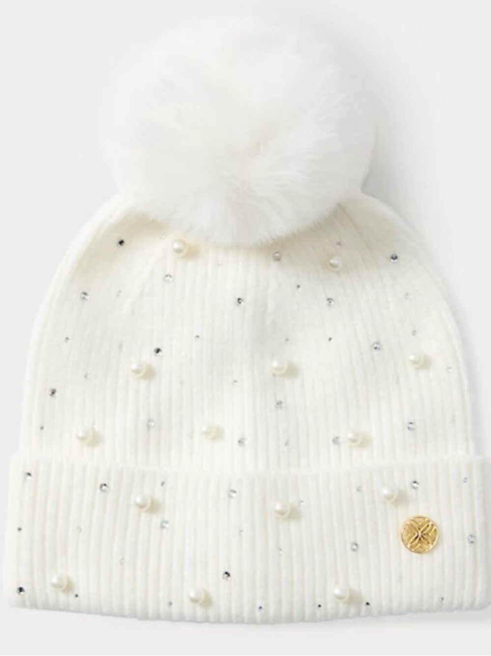 Lilly Putzer, new with tags Ivory Pom Pom Beanie w/ Pearls, rhinestones 1 size